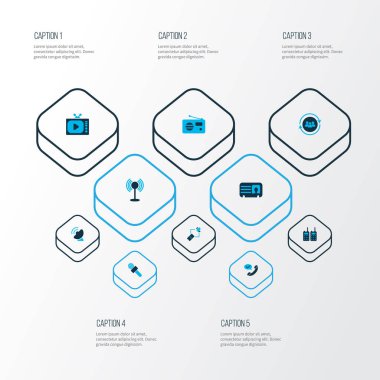 Bağlantı simgeler kümesi takım iletişim, tv, internet ve diğer cevap arama öğeleri renkli. İzole vektör çizim bağlantı simgeleri.