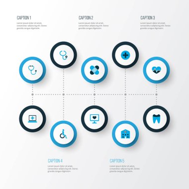 Tıp simgeler kümesi yama, artı, nabız ve Engelli diğer öğelerle birlikte renkte. İzole vektör çizim tıp simgeler.