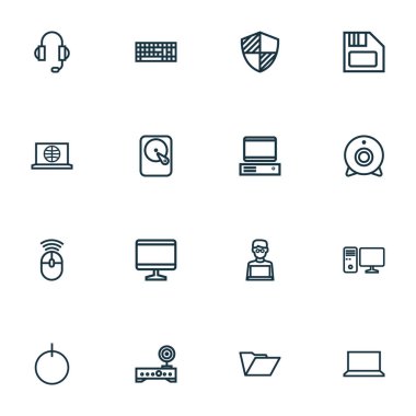 Donanım simgeleri stil yönlendirici, defter, fare ve diğer defter öğeleri kümesi satır. İzole vektör çizim donanım simgeleri.