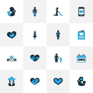 Anneler günü simgesi renkli tasarım konsepti. 16 tane gibi öğeleri anne, Madam ve şapka ayarlayın. Anne, Bebek ve kalp için güzel sembolleri.
