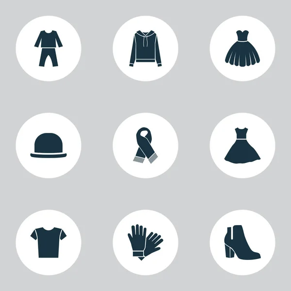 Ruhák ikonok beállítása, fedora, csizma, pizsama és hálóruhák elemeivel. Elszigetelt vektoros illusztráció ruhák ikonok. — Stock Vector