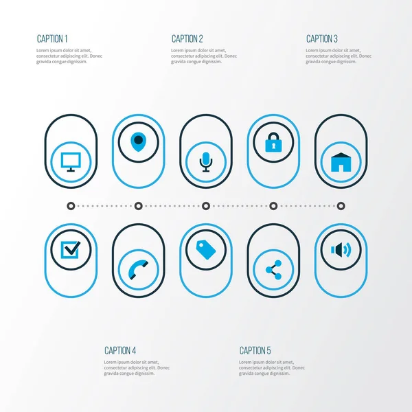 带共享、锁、位置和其他封闭元素的带彩色的接口图标集。隔离的矢量插图界面图标. — 图库矢量图片