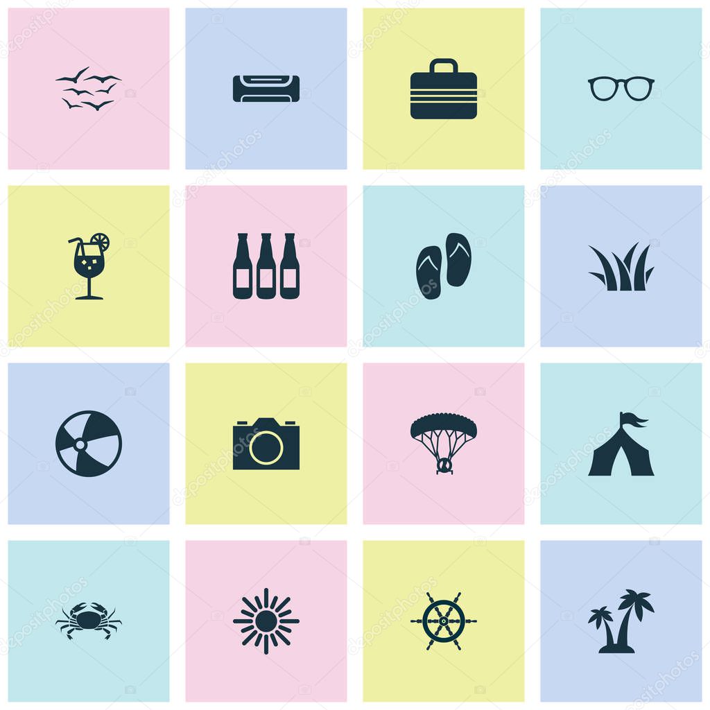Sun icons set with air conditioning, tent, ball and other wall cooler elements. Isolated vector illustration sun icons.