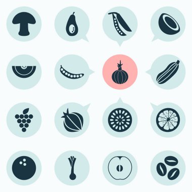 Meyve simgeler mantar, tazelik, baklagil ve diğer champignon öğeleri ile ayarlayın. İllüstrasyon izole meyve simgeler.