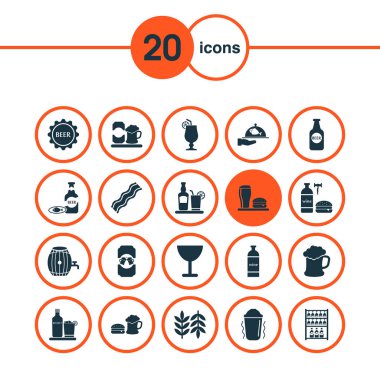 Alkol simgeler şişe şarap, aralığı, tekila ve diğer yemek öğeleri ile ayarlayın. İzole resimde alkol simgeler.