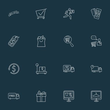 Ecommerce simgeleri satır stil kümesi alışveriş asistanı ile teslim tartı, kamyon ve diğer kurye öğeleri. İzole illüstrasyon ecommerce simgeleri.