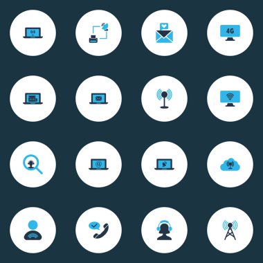 Telekomünikasyon simgeler iletişim kulesi, erişim noktası, yazıcı ile uydu ve diğer makale ile dizüstü öğeleri üzerinde set renkli. İzole illüstrasyon telekomünikasyon simgeler.