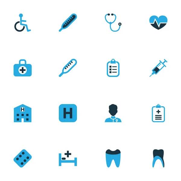Medicin ikoner färgade set med medikament, byggnad, temperatur och andra dentala element. Isolerade illustration medicin ikoner. — Stockfoto
