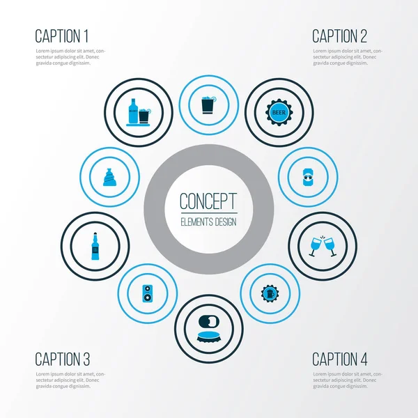 Алкогольные иконы цветной комплект с открывателем бутылки, крышкой пива, водки и других элементов сока. Изолированные иконки алкоголя . — стоковое фото