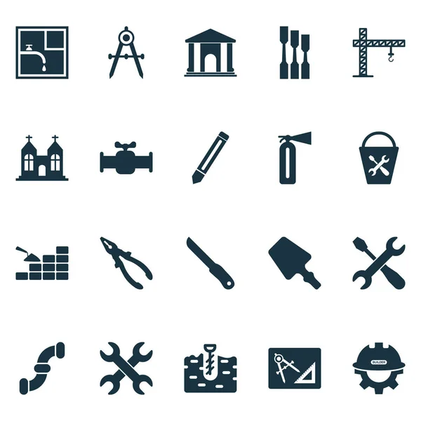 Stavební sada ikon s ventilem, šroubovák, klíč, jeřáb a další prvky zdiva. Izolované ilustrace stavební ikony. — Stock fotografie