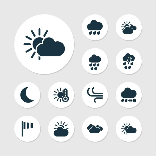 Iconos climáticos con nublado, viento, temperatura y otros elementos nublados. Iconos de clima de ilustración aislada . — Foto de Stock