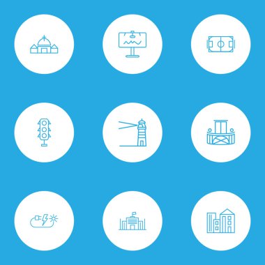 Şehir kutsal kişilerin resmi stil Kilisesi, futbol sahası, trafik ışıkları ve diğer açık reklam öğeleri kümesi satır. İzole vektör çizim şehir simgeler.