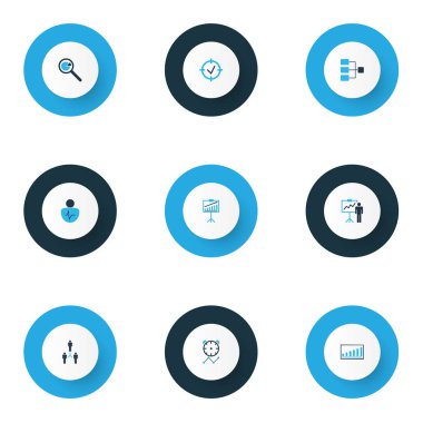 Executive simgeler kümesi kişisel bir tanıtım, bağlantı ağ, sunum istatistik ve diğer istatistik öğeleri ile renkte. İzole vektör çizim icra simgeleri.