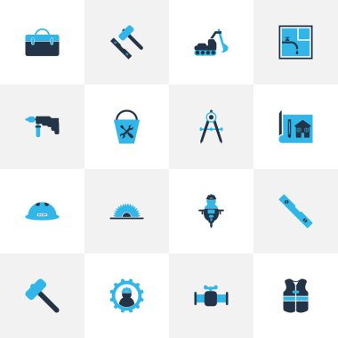 İnşaat simgeler kümesi ile çalışma, çizim ve işçisi diğer öğeleri ekskavatör, renkli. İzole vektör illüstrasyon inşaat simgeler.