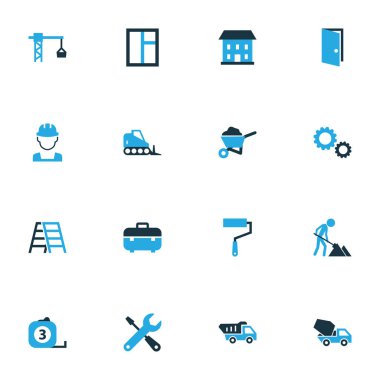 Sanayi simgeler kümesi buldozer, araç kutusu, el arabası ve diğer açık öğeleri ile renkli. İzole vektör çizim sanayi simgeleri.