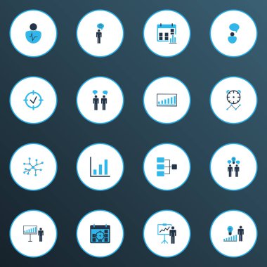 Yetki simgeler kümesi fikir tartışmalar, fikir beyin fırtınası, bağlantı ağ ve diğer istatistik öğeleri ile renkli. İzole vektör çizim yetkilisi simgeler.