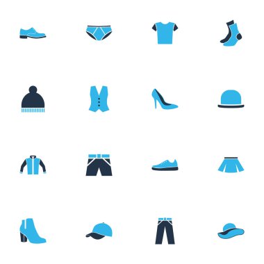 Pon pon, fedora, panama ve diğer ceket öğeleri kümesiyle renkli giysi simgeler. İzole vektör çizim giysi simgeler.