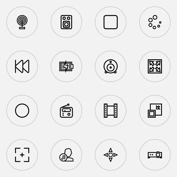 Мультимедийная линейка комплектуется видео, предыдущими, веб-камерами и другими целевыми элементами. Изолированные векторные иконки . — стоковый вектор