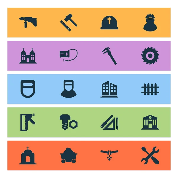 Iconos industriales conjunto con capilla, taladro, conjunto para la colocación de baldosas y otros elementos católicos. Iconos industriales de ilustración vectorial aislada . — Vector de stock