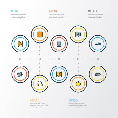 Medya simgeleri renkli çizgi öğeleri Başlat, kulaklık, projektör ve diğer kulaklık ile ayarlayın. İzole illüstrasyon medya simgeler.