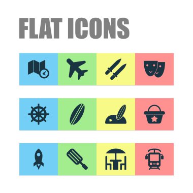 Turizm Icons set ile plaj çantası, sörf tahtası, elektrikli tren ve diğer sörf öğeleri ile. İzole illüstrasyon Turizm simgeler.