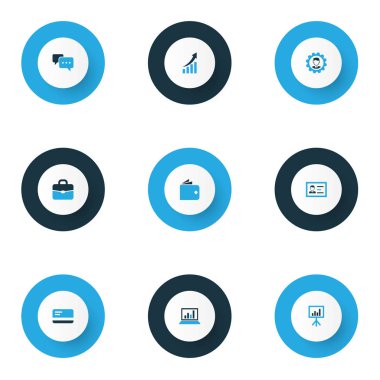 İş ikonları/simgeleri el çantası, ödeme, mühendis analytics öğeleri kümesiyle renkli. İzole illüstrasyon iş ikonları/simgeleri.