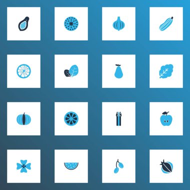 Sebze simgeler kümesi kızamık, yonca, limon ve portakal diğer öğelerle birlikte renkte. İzole illüstrasyon sebze simgeler.