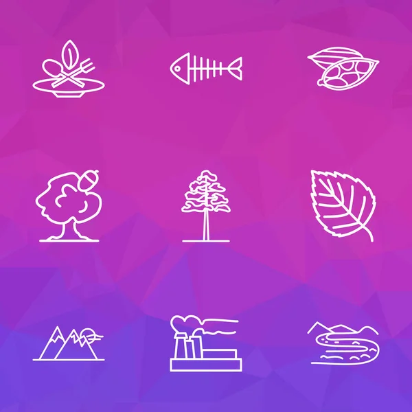 Harmony icone stile linea con eco food, lisca di pesce, montagna e altri elementi di quercia. Isolato illustrazione armonia icone . — Foto Stock