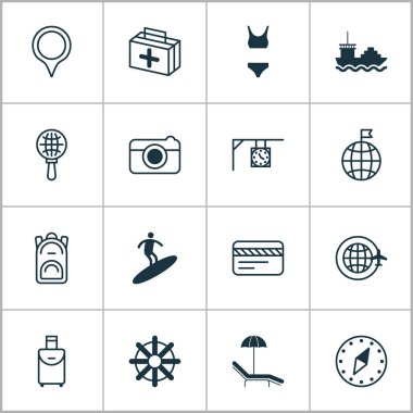 Turizm simgeleri ile ziyaret edilen ülke, tanker, ayarla seyahat çanta ve diğer banka kartı öğeleri. İzole vektör çizim Turizm simgeler.