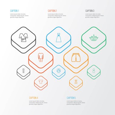 Şık simgeleri stil pantolon, kahvaltılık kol, kimono ve diğer diadem öğeleri kümesi satır. İzole vektör çizim moda simgeler.