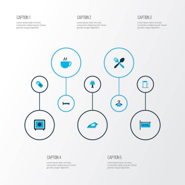 Otel simgeler kümesi yatak, otel işareti, askı ve diğer kapı askı elemanları ile renkli. İzole illüstrasyon otel simgeler.