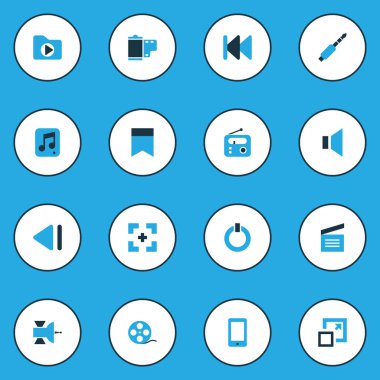 Medya Icons set jack, tam ekran, çoklu ortam ve diğer geri sarma elemanları ile renkli. İzole illüstrasyon medya simgeler.
