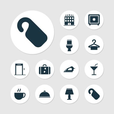 Otel simgeler Kupası, lamba, askı ve diğer Asansör öğeleri ile ayarlayın. İzole illüstrasyon otel simgeler.