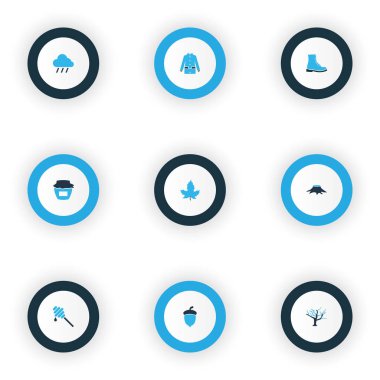 Mevsimlik simgeler meşe somun, reçel, çizme ve diğer kavanoz elemanları ile set renkli. İzole vektör çizim mevsimlik simgeler.