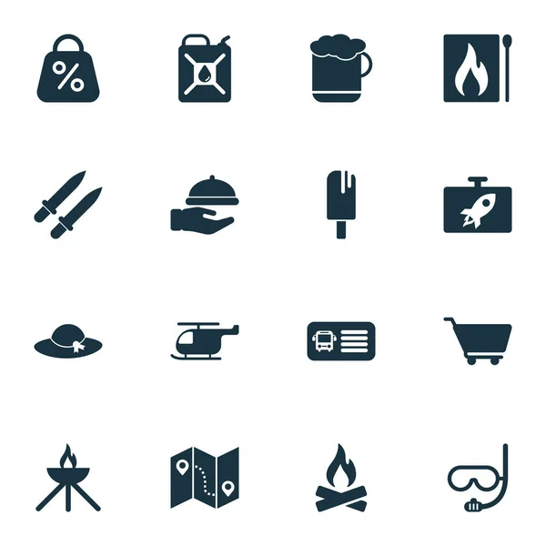 Icone di viaggio con fiammiferi, fiaschetta, birra e altri elementi di laboratorio. Isolato vettoriale illustrazione viaggio icone . — Vettoriale Stock