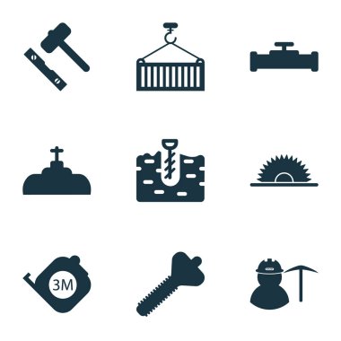 İnşaat Icons set ile döşeme karoları, cıvata, boru hattı ile vinç ve diğer bıçak öğeleri için ayarlanmış. İzole illüstrasyon inşaat simgeler.