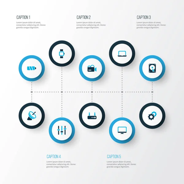 Iconos electrónicos de color conjunto con batería, router, ajuste y otros elementos de la videocámara. Iconos electrónicos de ilustración aislados . — Foto de Stock