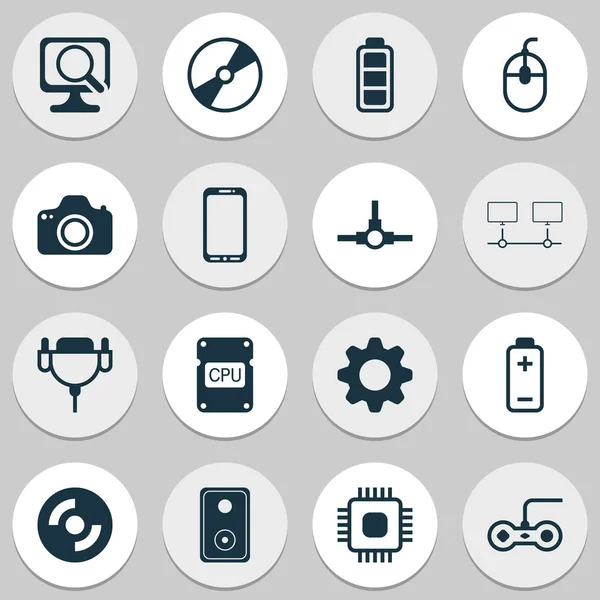 Dator ikoner set med musik högtalare, mobiltelefon, datoranslutning och andra kameran element. Isolerade illustration dator ikoner. — Stockfoto