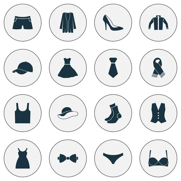 Сукня іконки встановлюються з кікерами, шкарпетками, жіночим капелюхом та іншими елементами одягу. Ізольовані векторні ілюстрації сукні піктограми . — стоковий вектор