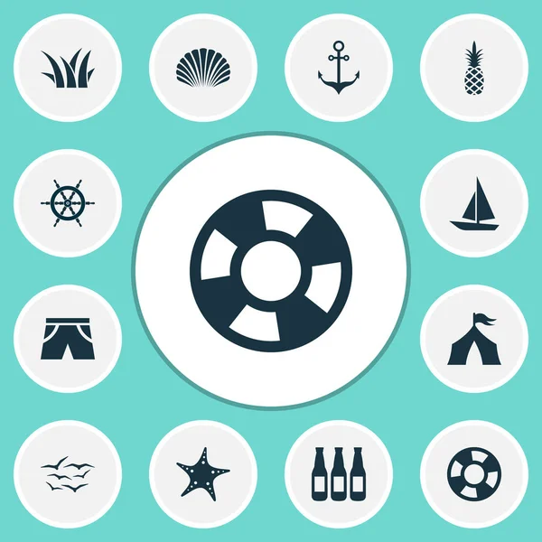 Summer icons set with beer, ship helm, tent and other seagull elements. Isolated vector illustration summer icons. — Stock Vector
