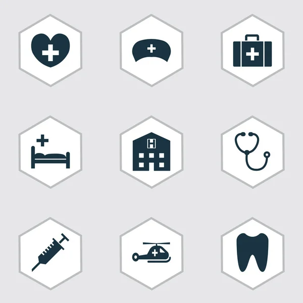 Icone antibiotiche con elicottero, cassa, cuore e altri elementi di guarigione. Isolato vettore illustrazione antibiotico icone . — Vettoriale Stock