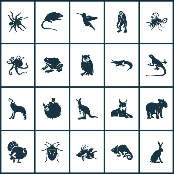 Значки фауни, встановлені з індичкою, вовком, капібарою та іншими елементами джойстика. Ізольовані Векторні ілюстрації Фауна значків . — стоковий вектор