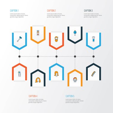 Peruk, kıvırcık saçlı, tıraş fırçası ve diğer bıçak öğeleri ile ayarlamak simgeleri renkli çizgi berber. İzole illüstrasyon Kuaför simgeler.
