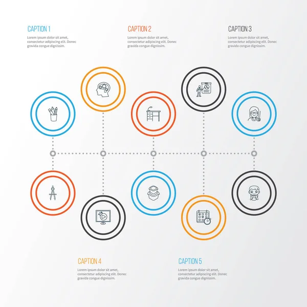 Style de ligne d'icônes de l'éducation avec l'horaire, la psychologie, l'écolier et d'autres éléments de streaming. Isolées icônes d'éducation illustration . — Photo