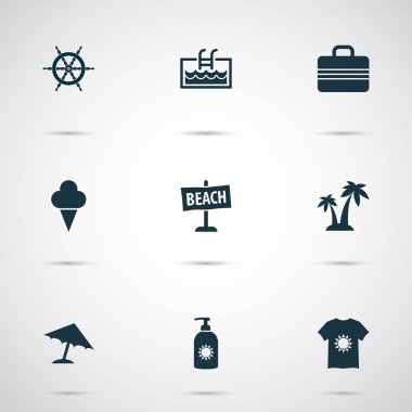 Sezon simgeler, çanta, t-shirt, Güneş kremi ve diğer sorbe öğeleri ile ayarlayın. İzole vektör çizim sezon simgeler.