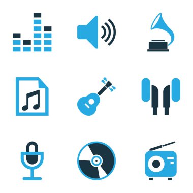 Ses simge seti kulaklık, ekolayzer, alet ve diğer gramofon öğeleri ile renkli. İzole vektör çizim ses simgeler.