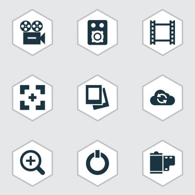 Multimedia Icons set Galerisi ile kamera, eşitleme ve diğer albüm öğeleri. İzole vektör çizim multimedya simgeler.