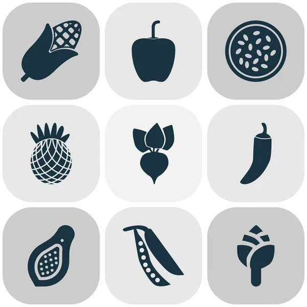 Conjunto de iconos alimentarios con raíz, papaya, piña y otros elementos de cayena. Iconos de alimentos de ilustración vectorial aislado . — Vector de stock