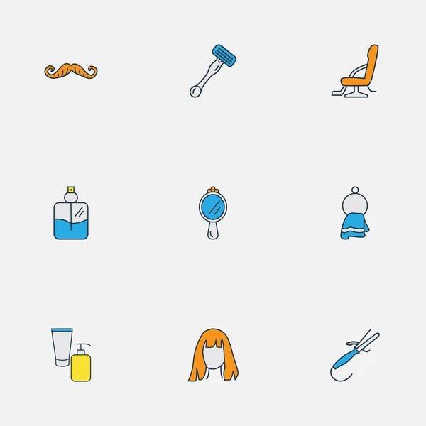 Iconos de peluquería línea de colores con peluquería, rizador, toalla y otros elementos bigote. Iconos de barbero de ilustración vectorial aislado . — Archivo Imágenes Vectoriales