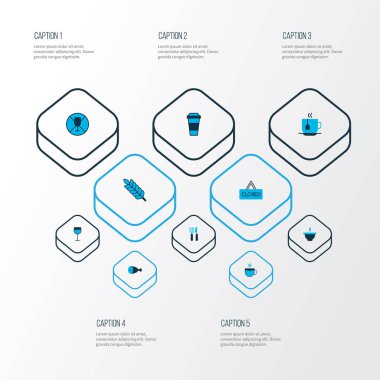 Cafe simgeler kümesi tavuk budu, çorba, çay fincanı ve diğer şarap yasak öğeleri ile renkli. İzole illüstrasyon kafe simgeler.